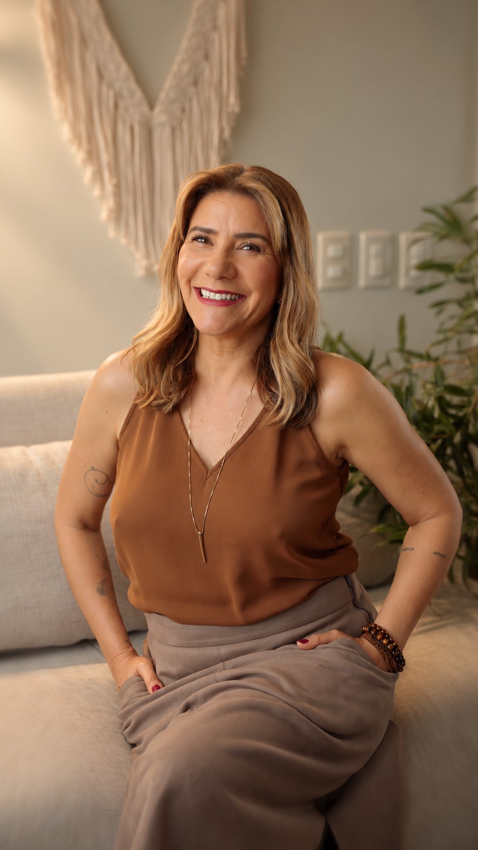 Vanessa sentada no sofá, sorrindo