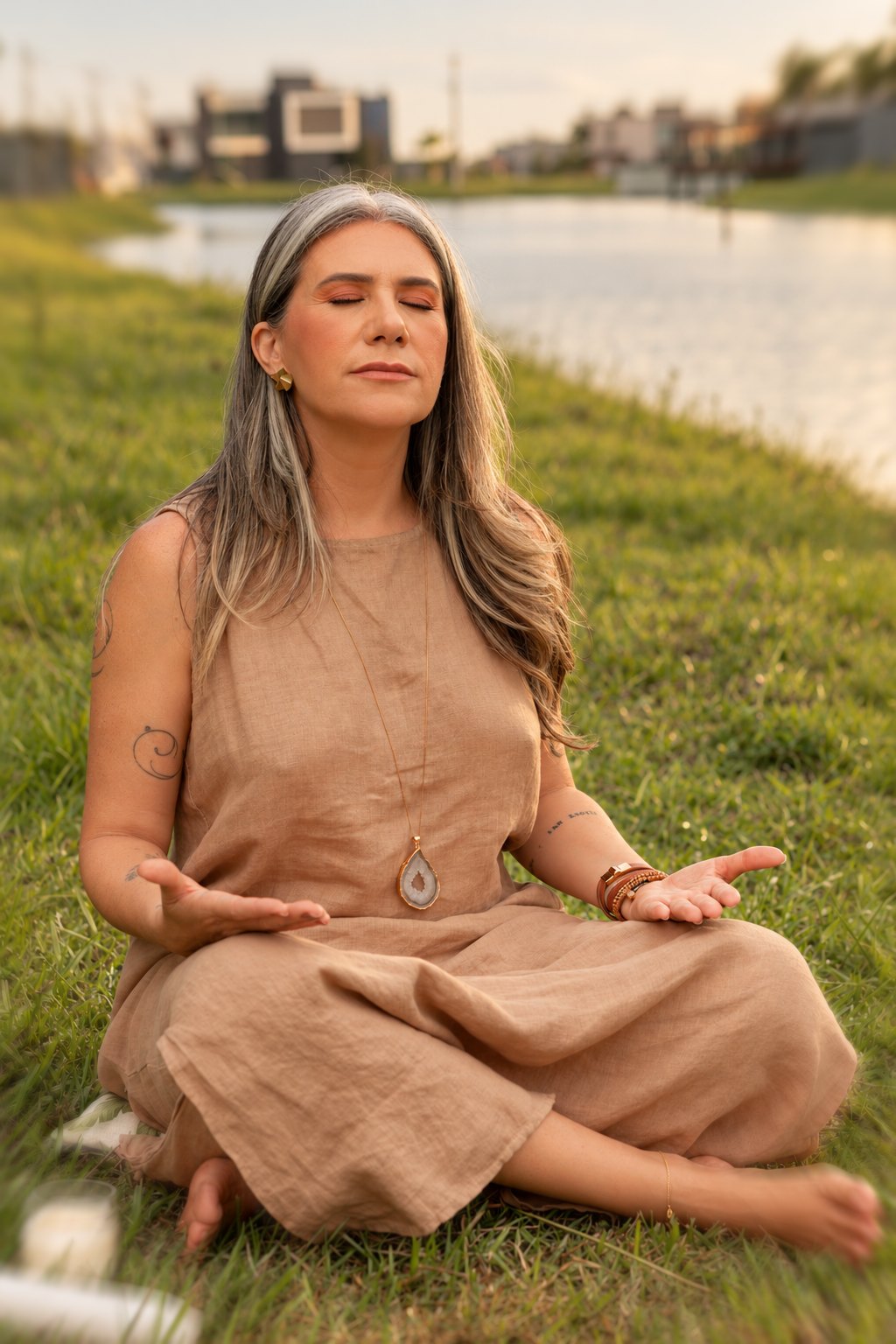 Vanessa sentada na grama, de olhos fechados, meditando