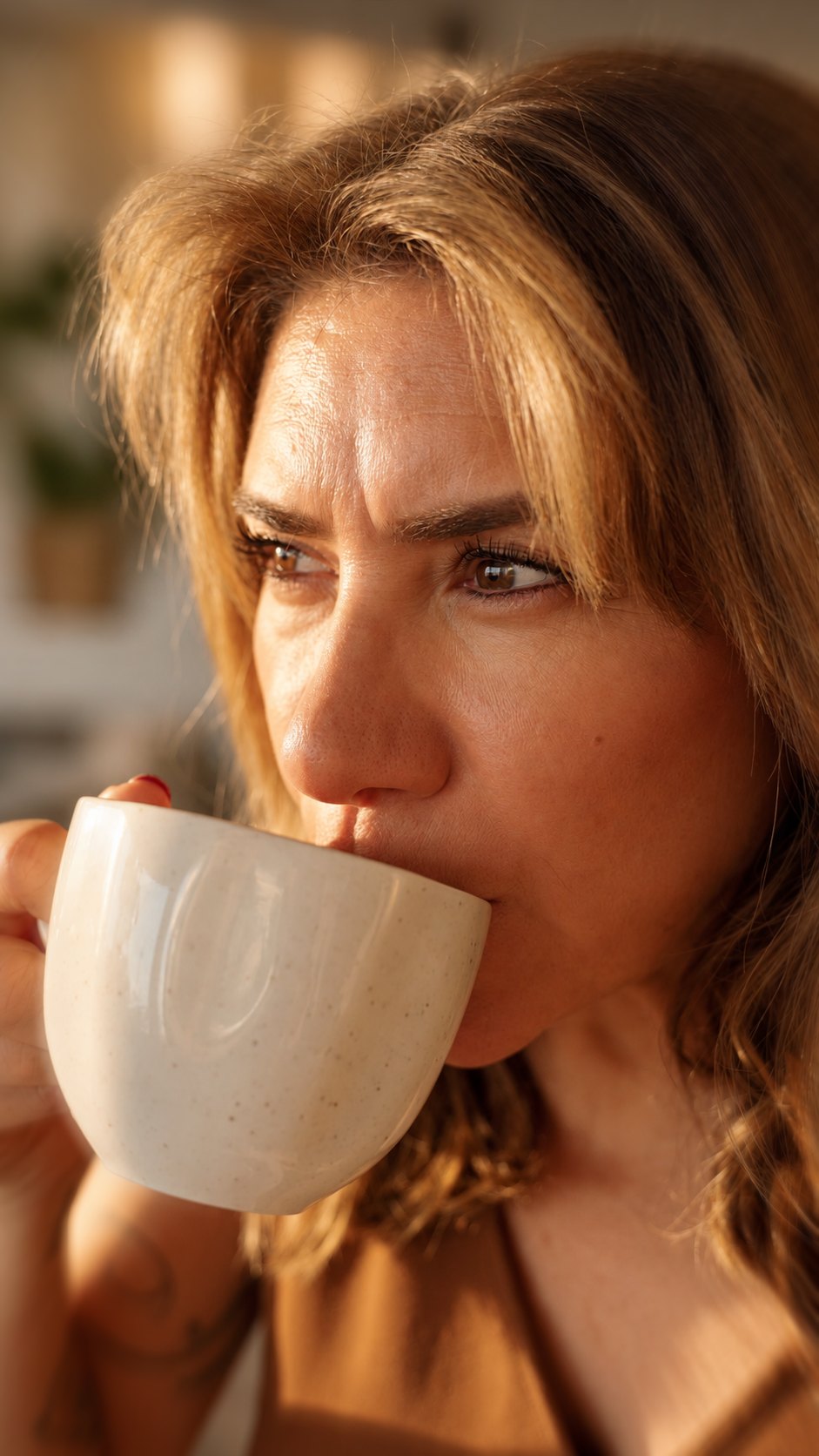 Vanessa tomando café, com a xícara perto do rosto